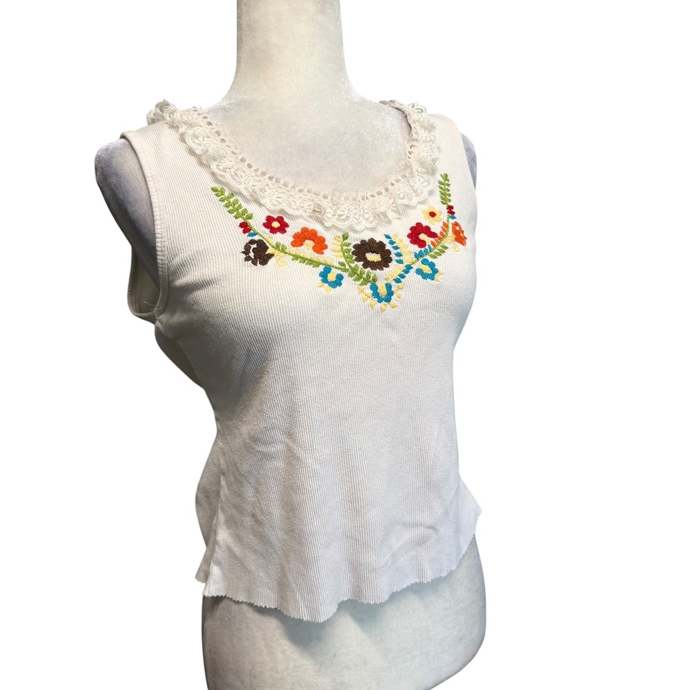 Vtg 90s Y2K Tank Top Womens L Knit Coquette Whimsigoth Fairy Floral Embroidered - Picture 13 of 15